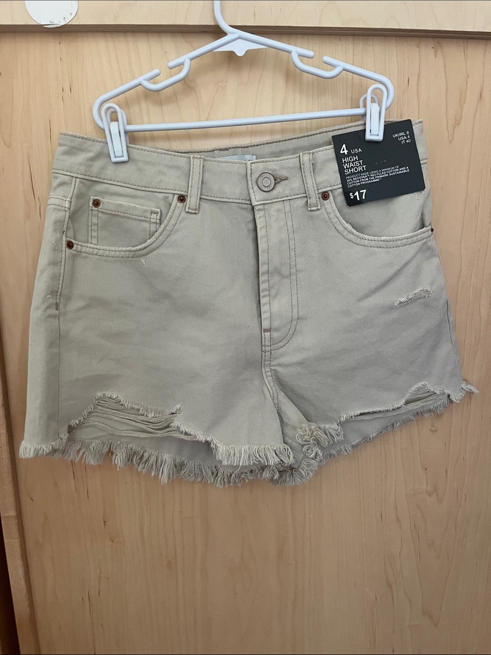 Denim&Co High Waist Distressed Frayed Shorts - Light Khaki